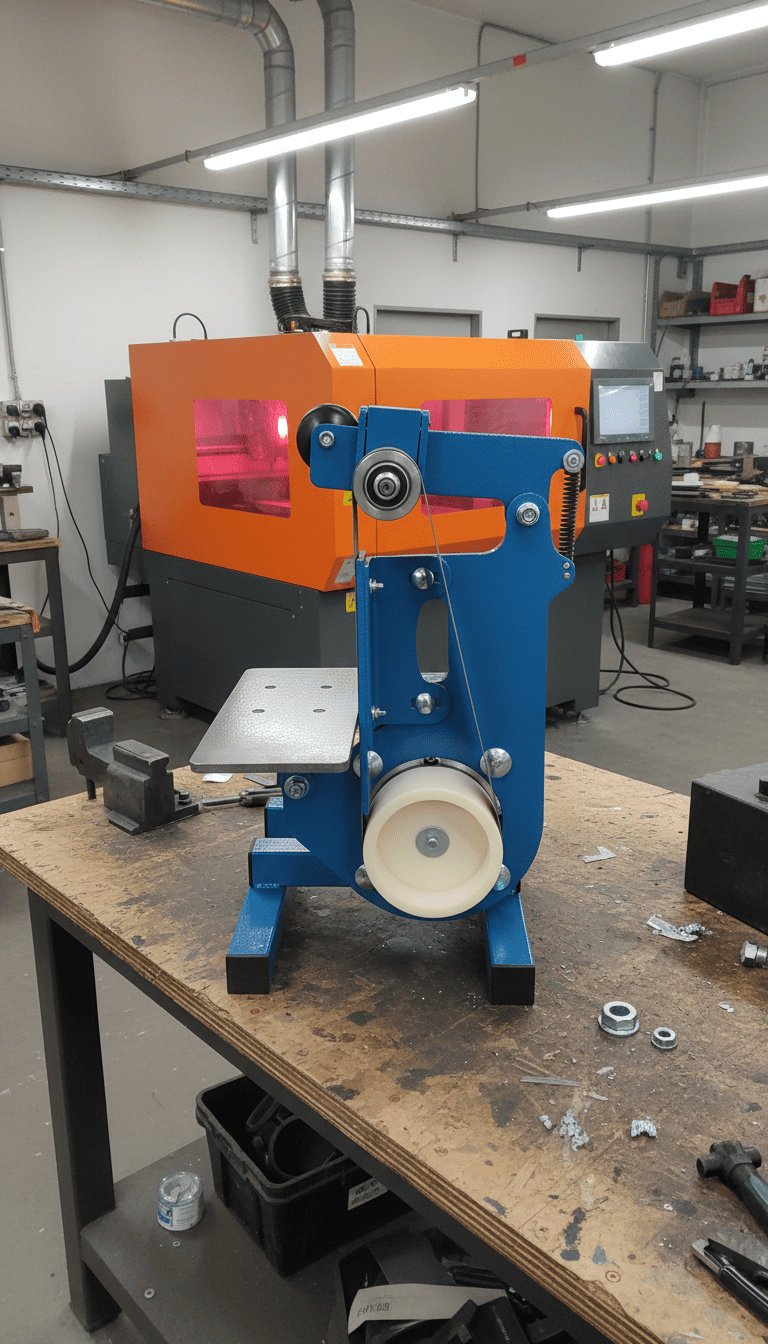 Hero product shot of a heavy-duty belt grinding machine, dark studio with orange rim light
